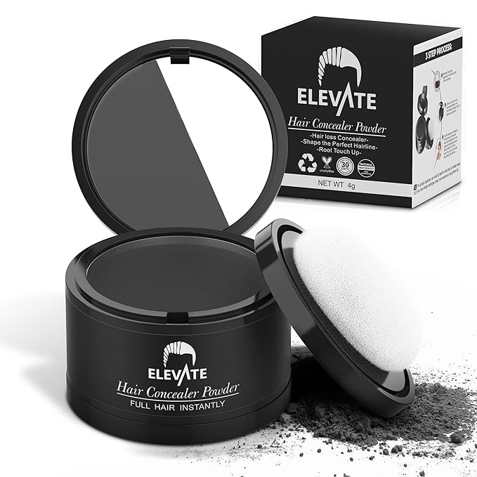 ELEVATE Hair Line Powder Instantly Conceal Hair Loss for Thinning Areas - Shadow Makeup - Root Cover Touch Up with Puff Touch - Instant Gray Coverage for Men and Women (Black)