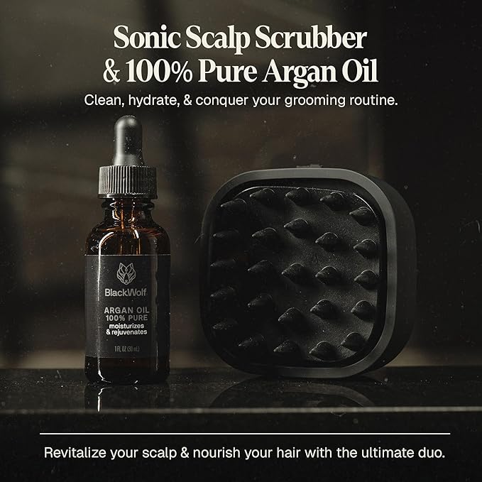 Black Wolf Sonic Scalp Head Massager & 100% Pure Argan Oil Bundle - Hair Care Products for Healthy Looking Hair & Scalp - Men's Shower & Bathroom Essentials Set