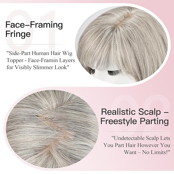 EMMOR Human Hair Toppers for Women Short Bob Real Hair with Bangs 10" Side Part Hairpieces for Women with Thin Hair 6.5" × 6.5" Larger Base Human Wig Toppers(Gray)