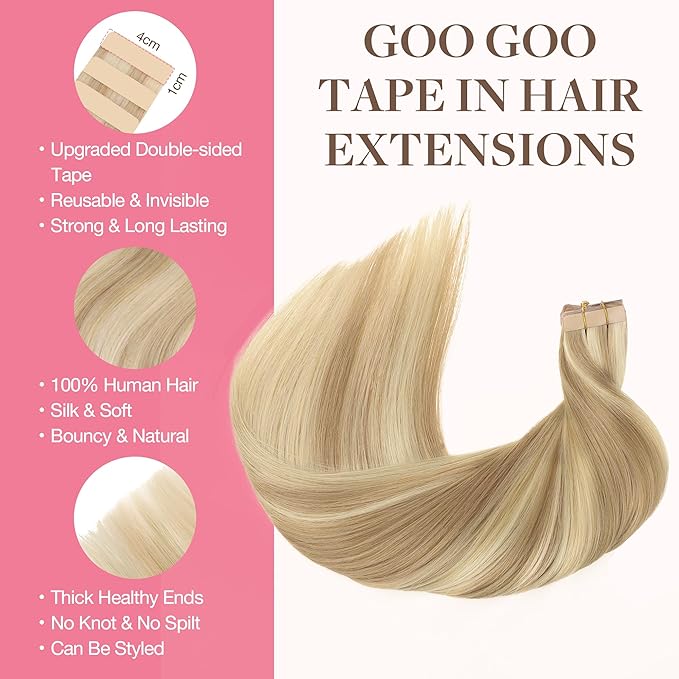 GOO GOO Tape in Hair Extensions Human Hair, 18A/613A Dark Blonde Highlighted Bleach Blonde, 26inch 120g 40pcs, Skin Weft Seamless Invisible, Silky Straight with Thick Ends, Remy Human Hair