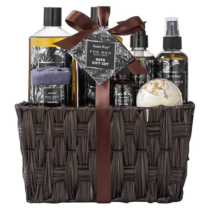Fathers Bath and Body Gift Set, Birthday Gifts for Men Basket Spa Gift Set for Him Beard Shaving Kit Men's Beard Kit Brush Face Care Perfume Spa Kit, Beard Brush Rack, Christmas Gifts for Dad son Man