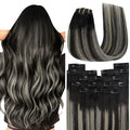 YoungSee Balayage Clip in Hair Extensions Black Silver Clip in Human Hair Extensions Ombre Black Mix Silver Clip in Hair Extensions Real Human Hair for Women 24inch 7Pcs 120G