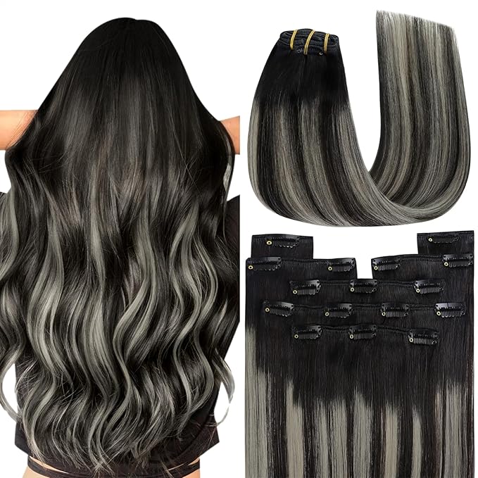 YoungSee Balayage Clip in Hair Extensions Black Silver Clip in Human Hair Extensions Ombre Black Mix Silver Clip in Hair Extensions Real Human Hair for Women 24inch 7Pcs 120G