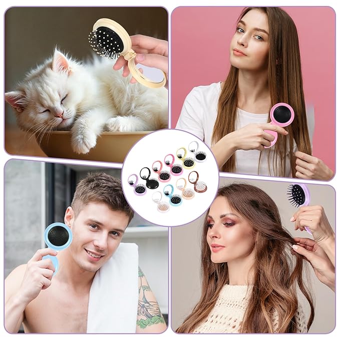 20 Pcs Folding Travel Mirror Hair Brushes Round Portable Pocket Brush Mini Compact Portable Hair Brush Mini Pop Up Hairs Brushes for Women (10 Colors)