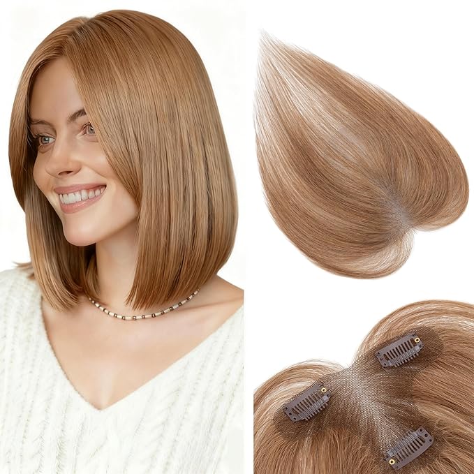 Hair Topper with Side Bangs Human Hair Curtain Bangs Topper for Women,3.54x4.92 T-part Lace Base Real Human Hair Topper Hair Piece for Daily Wear(Side Bangs,Light Brown)