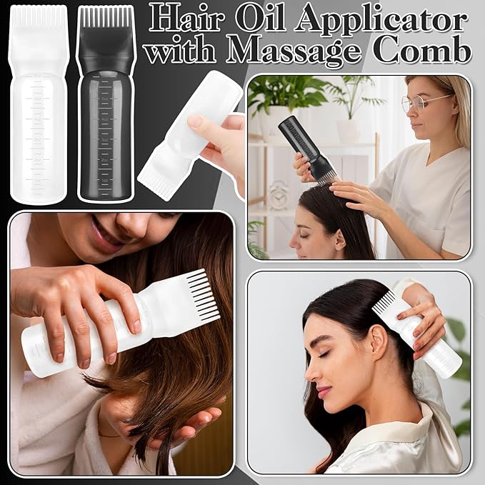 2 Pack Root Comb Applicator Bottle 6 OZ Hair Oil Applicator Bottle for Scalp with Massage Comb for Shampoo Scrubber Applicator,Hair Dye Tools(Black, white)