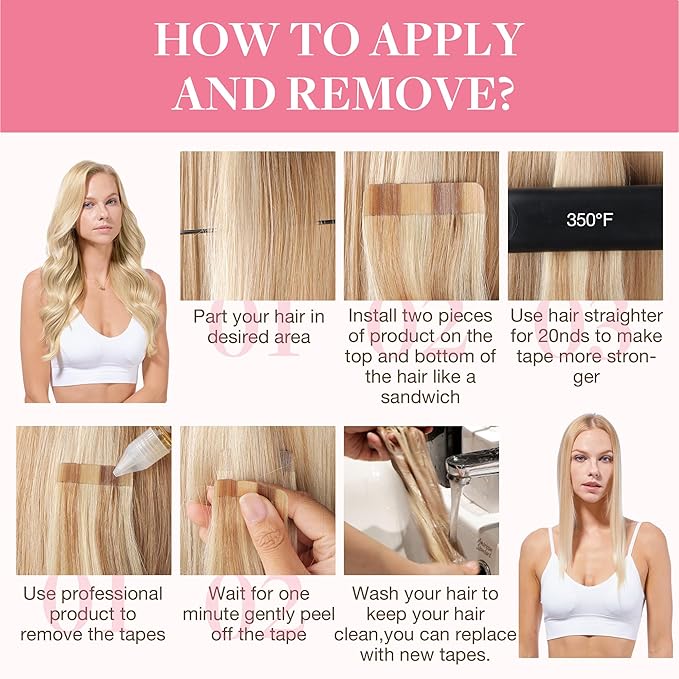 GOO GOO Tape in Hair Extensions Human Hair, 18ET90A Natural Blonde Balayage, 10inch 60g 40pcs, Skin Weft Seamless Invisible, Silky Straight with Thick Ends, Remy Human Hair