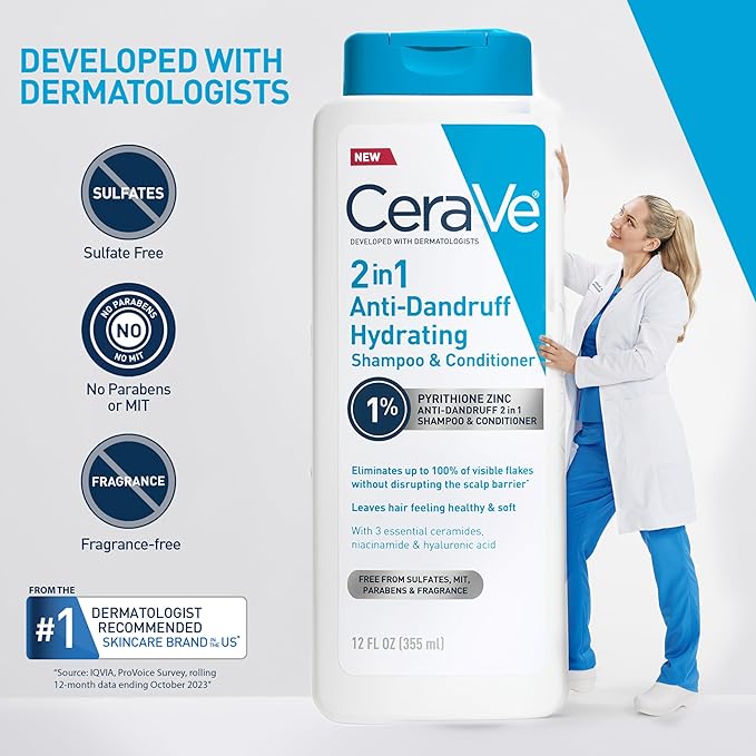 CeraVe 2 In 1 Hydrating Anti Dandruff Shampoo And Conditioner Twin Pack, 1% Pyrithione Zinc Dandruff Treatment Helps Eliminate Dandruff, Color Safe & Sulfate Free, 12 Fl Oz Each (Set of 2)