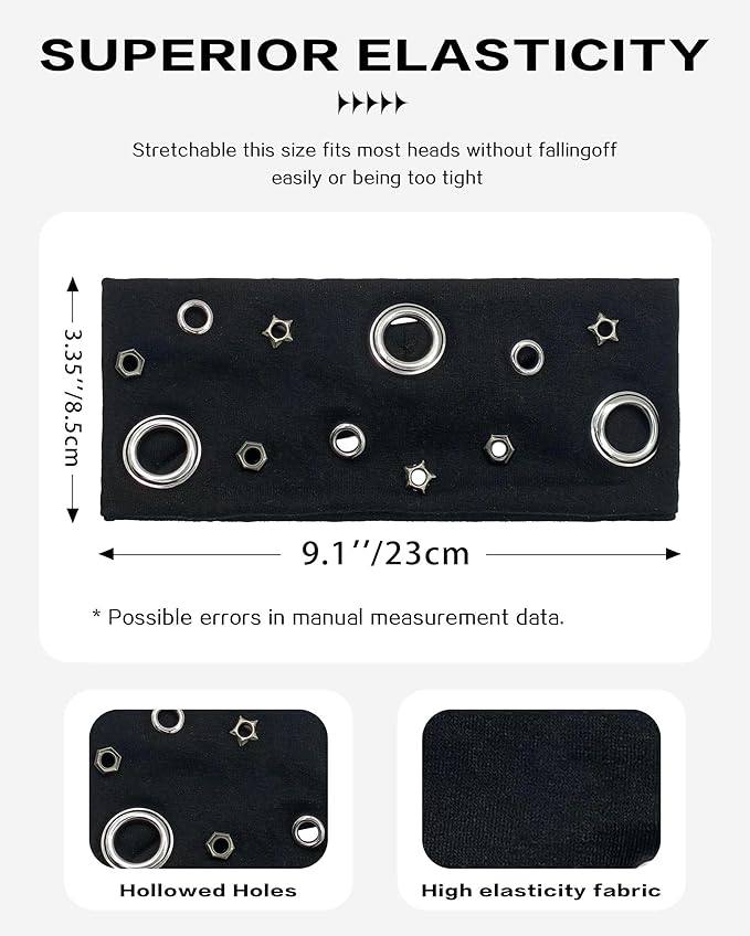 Grommet Headband for Women, Black Star 23cm Hollow Out Elastic Hair Band, Eyelets Punk Grunge Stylish Hairband