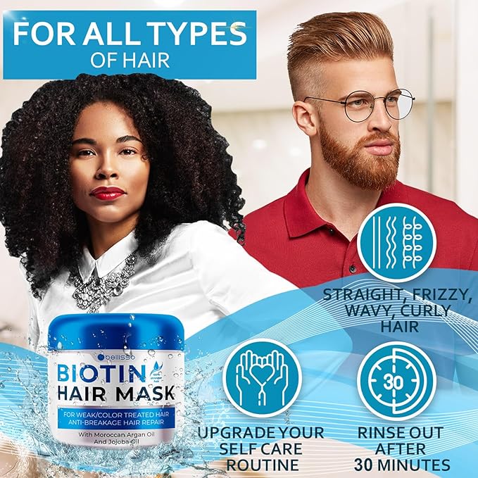 Biotin Hair Mask - Volume Boost and Deep Conditioner for Dry, Damaged Hair - Hydrating Repair Treatment for Women and Men - Moisture Conditioning for Curly Hair and Split Ends - Sulfate Paraben Free