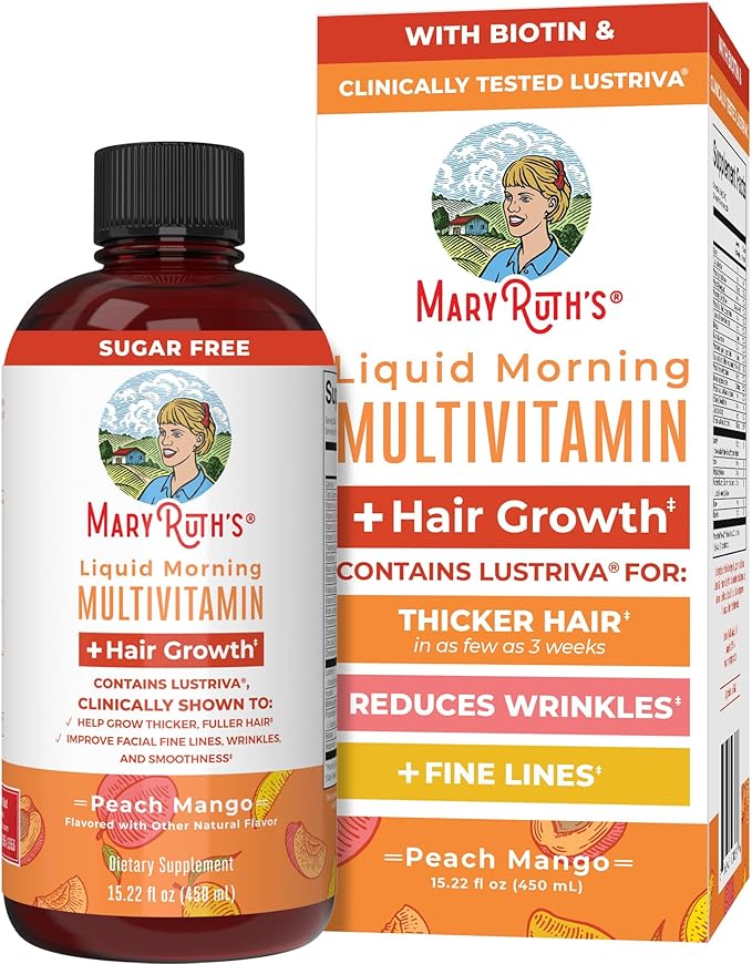 MaryRuth Organics Liquid Multivitamin+Hair Growth | Biotin 10000mcg | Lustriva Hair Growth Supplement | Clinically Tested in Women for Thicker Hair&Facial Wrinkle | Skin Care | Ages 18+ | 15.22 Fl Oz