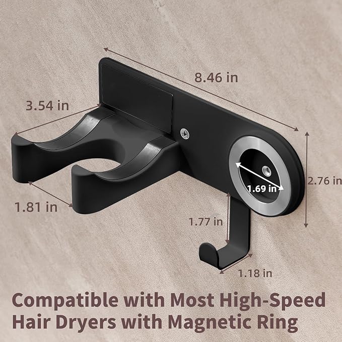 Hair Dryer Holder Wall Mounted, Blow Dryer Holder with Strong Magnet, Dyson Hair Dryer Holder Adhesive Aluminum Alloy Organizer for Bathroom Black UEMUSI