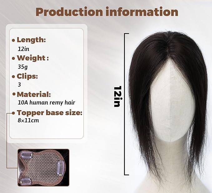 8x11cm Breathable Hair Topper, 12 inches 35g 120% Density Real Human Hair, 3 Non-Slip BB Clips, Wearable on Left, Right & Middle Part, Versatile Styling for Hair Loss & Volume Boost (Black)