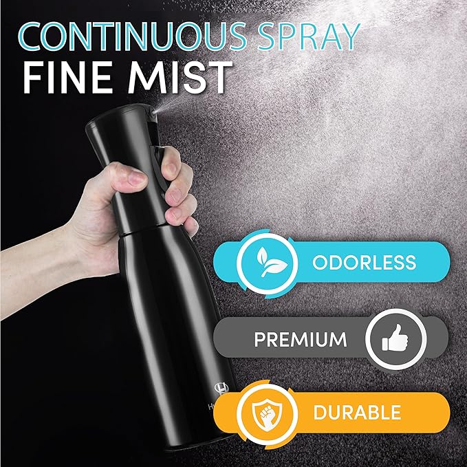 Hula Home Spray Bottle for Hair (20oz/590ml) - Powered by Flairosol® Spray Technology - Continuous Ultra Fine Mist Sprayer – For Hairstyling, Cleaning, Salons, Plants, Essential Oil & More - Black