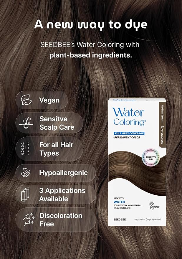 Korean Permanent Hair Dye, Powder Hair Color Kit, Medium Brown, Gray Hair Coverage, Plant-Based Formula, Easy Application for Roots, Short & Long Hair, Vegan, Just Mix with Water (3 Powder Packets)