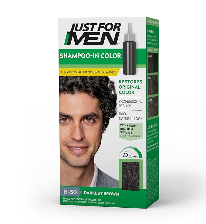 Just For Men Shampoo-In Color (Formerly Original Formula), Mens Hair Color with Keratin and Vitamin E for Stronger Hair - Darkest Brown, H-50, Pack of 1
