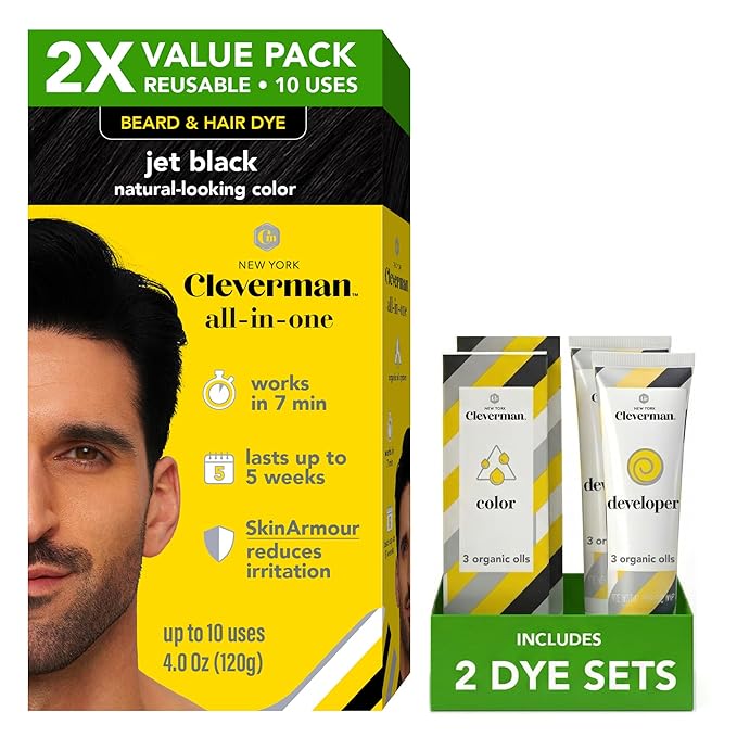 2X Pack Cleverman Hair & Beard Dye Kit for Men, All-in-One Reusable Mens Hair Color, Natural Gray Coverage, Ammonia-Free Beard Mustache Dye for Men (Jet Black)