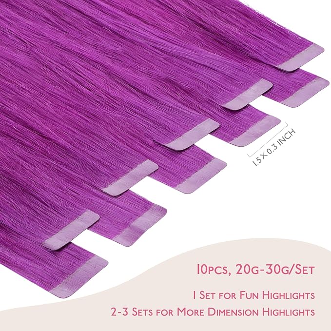 Wennalife Purple Tape in Hair Extensions, 10pcs 30g 24 inch Remy Invisible Tape Ins Straight Colored Soft Real Human Hair Tape in Extensions Refill Set Extensions