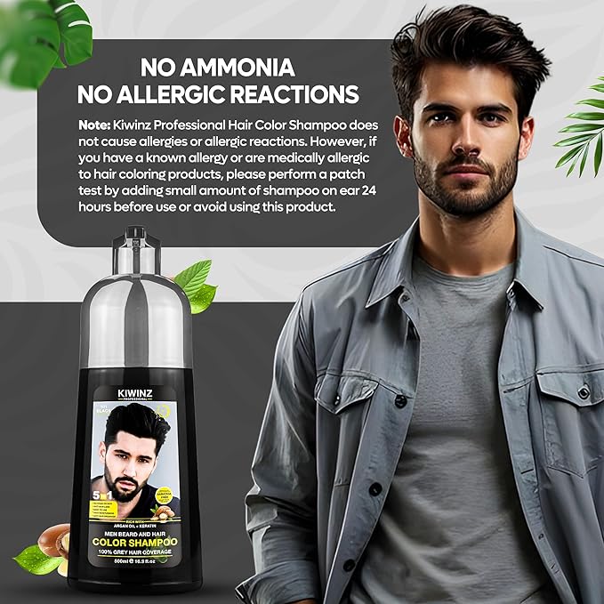 Black Hair Color Shampoo for Men – 5 in 1 Hair Dye Shampoo for Grey Hair - Instant Hair Dye with 100% Color Accuracy with Natural Ingredients - Ammonia Free - 500ml (Black)