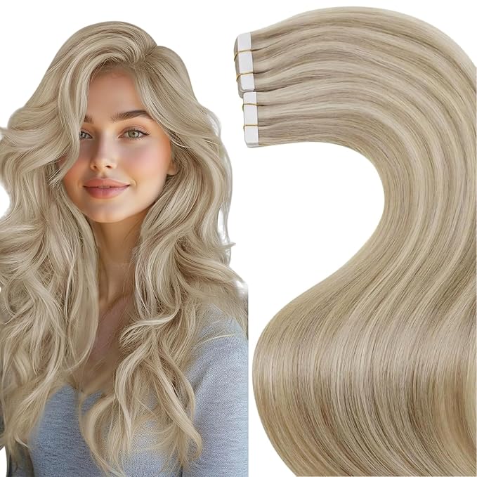 LaaVoo Blonde Tape in Hair Extensions Human Hair Dark Ash Blonde Highlighted with Light Blonde Tape ins Human Hair Extensions Double Wefts 12 Inch 20pcs 30g