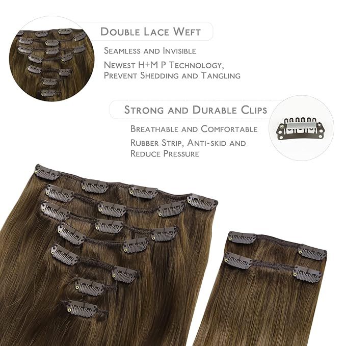 WENNALIFE Clip in Hair Extensions, 150g 18 Inch 9pcs Ombre Walnut Brown to Ash Brown and Bleach Blonde Human Hair Extensions Thicker Clip in Hair Extensions Real Human Hair Clip Set Double Weft