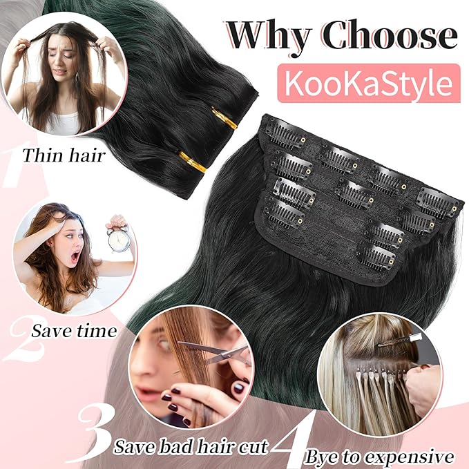 KooKaStyle Clip in Synthetic Hair Extensions Long Wavy 4PCS Thick HairpiecesBlack to Green Ombre Fiber Double Weft Natural Hair Extensions 24 Inch for Women