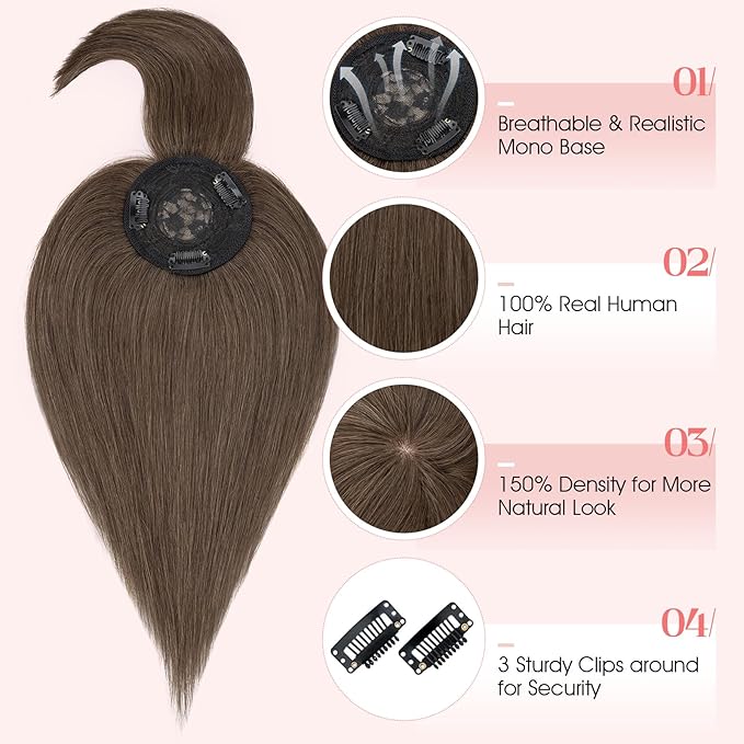 Hairro Mono Hair Toppers with Bangs, 3.4" x 3.4" Mono Base 100% Real Human Hairpieces for Women, 150% Density Clips In Topper for Greyish Thinning Hair, 20 Inch Cocoa Brown