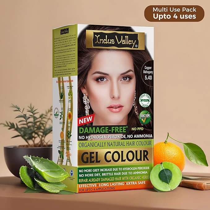 Indus Valley Natural Organic Damage Free Gel Hair Color | Ammonia Free, Vegan & Cruelty Free | Up to 100% Gray Coverage, Long Lasting Results |Copper Mahogany 5.4 (20gram+200ml)