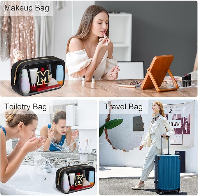 YOOLIFE Travel Toiletry Bag for Women, Black Clear Makeup Bag Cute Make Up Bag Cosmetic Bags Skin Care Makeup Bag Organizer Birthday Gifts for Women Teacher Mother Girlfriend Initial T