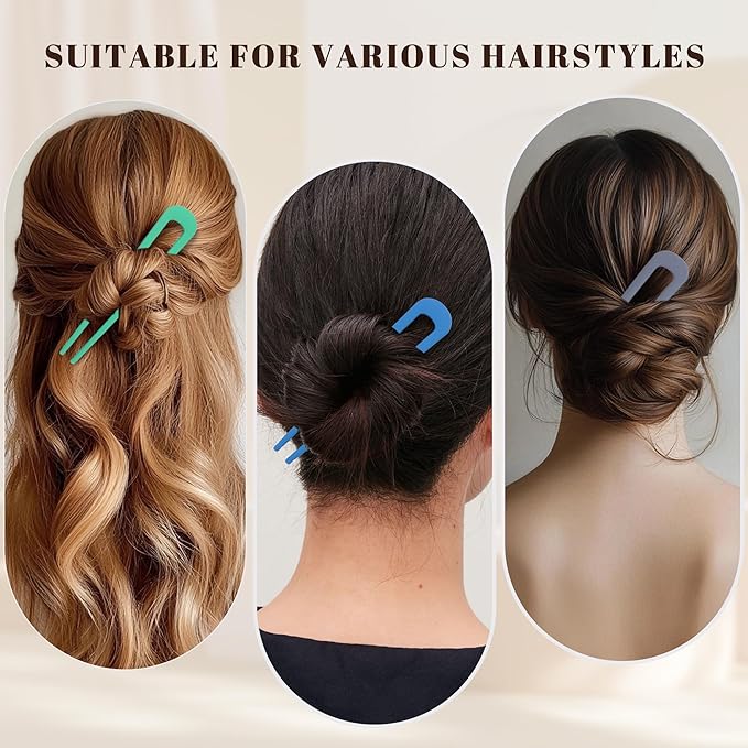 6Pcs Metal French Hair Pins for Women U Shape Sticks 3.9 Inch Vintage Fork for Hairstyle Accessories(Blue/Green/Grey）
