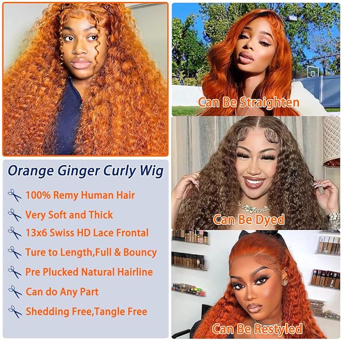 Ginger Orange Lace Front Wigs Human Hair Pre Plucked Deep Wave 13x6 HD Lace Frontal Wigs for Black Women Human Hair Glueless Colored Wigs Human Hair Lace Front Wigs 350# Wigs 26Inch