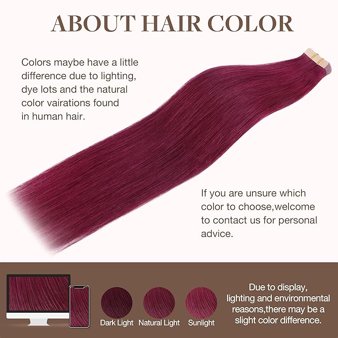 GOO GOO Tape in Hair Extensions Human Hair, Burgundy, 22inch 50g 20pcs, Skin Weft Seamless Invisible, Silky Straight with Thick Ends, Remy Human Hair