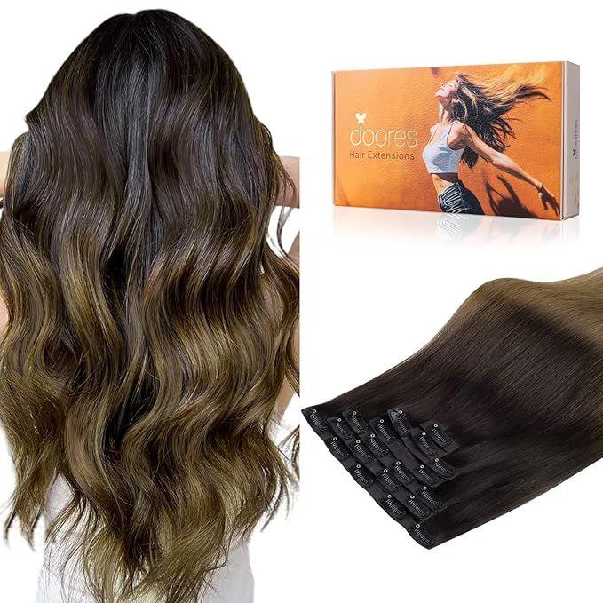 DOORES Clip-in Hair Extensions, Chocolate Dip Color Melt 7pcs 150g 22 Inch, Seamless Real Human Remy Hair Weft Straight Invisible Edge Extensions