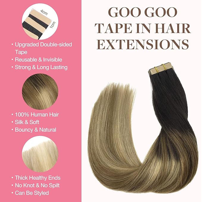 GOO GOO Tape in Hair Extensions Human Hair, 2/6/18 Balayage Brown to Dirty Blonde, 14inch 50g 20pcs, Thick Ends Straight Seamless Tape in, Invisible Tape in Hair Extensions Human Hair