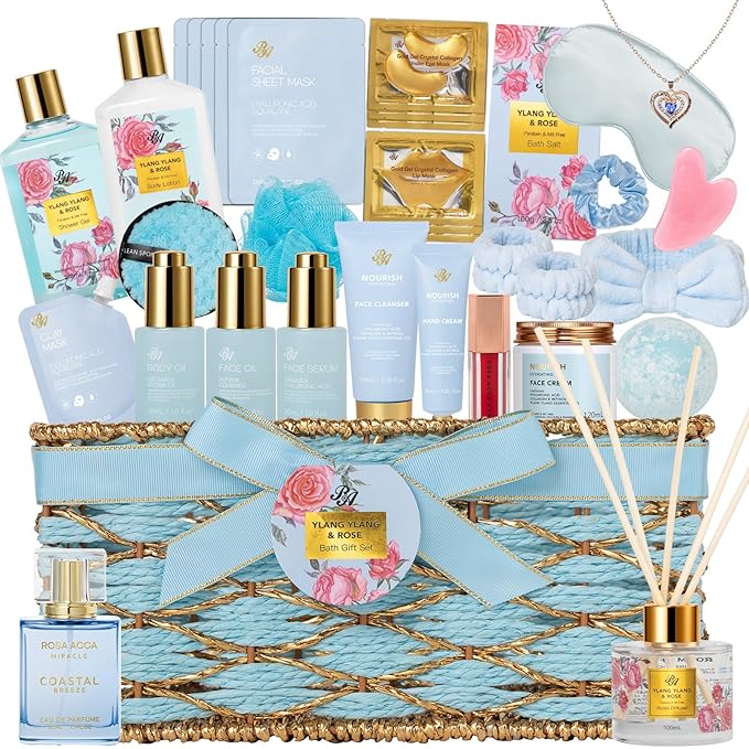 Christmas Gifts for Women, 35 Pcs Bath & Body Gift Basket, Face Skin Care Kit, Spa Gift Set, Self-Care Relaxation Gift, Home Spa, Necklace, Bath Bomb, Birthday, Valentines, Mother Day, Anniversary
