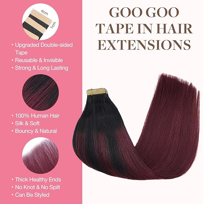 GOO GOO Tape in Hair Extensions Human Hair, 1/99 Balayage Jet Black to Red, 20inch 100g 40pcs, Skin Weft Seamless Invisible, Silky Straight with Thick Ends, Remy Human Hair