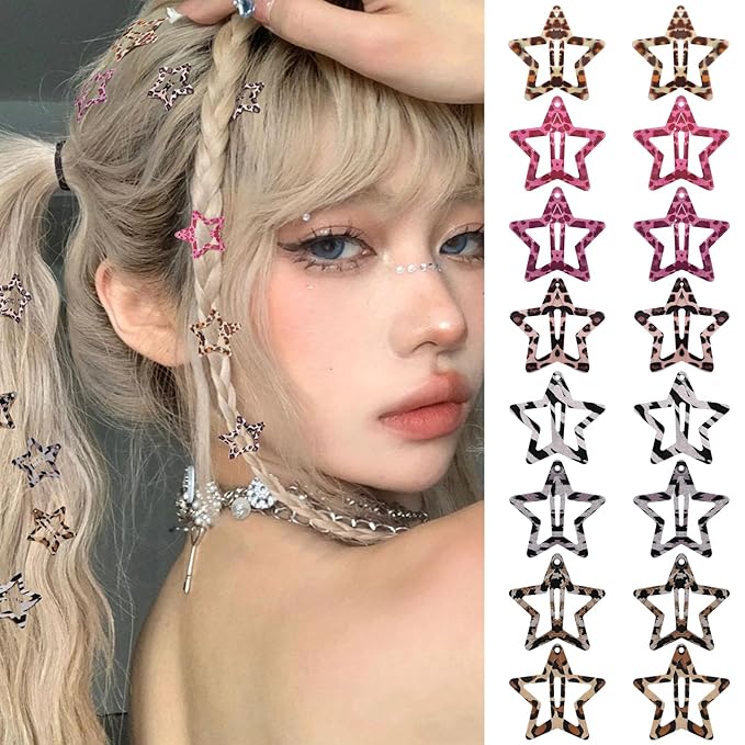 Star Hair Clips Snap Hair Barrettes Non Slip Star Hair Accessories Leopard Colors Metal Hair Clips for Girls Women -16 PCS -Red & Grey