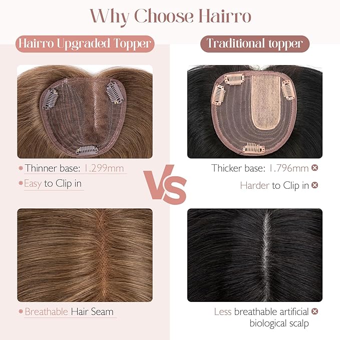 Hairro 100% Human Hair Topper No Bangs, Real Clip in Hair Hairpieces for Women, 3.94x4.72" Silk Base for Thinning Receding High Hairline, 10 Inch Natural Black Side Part