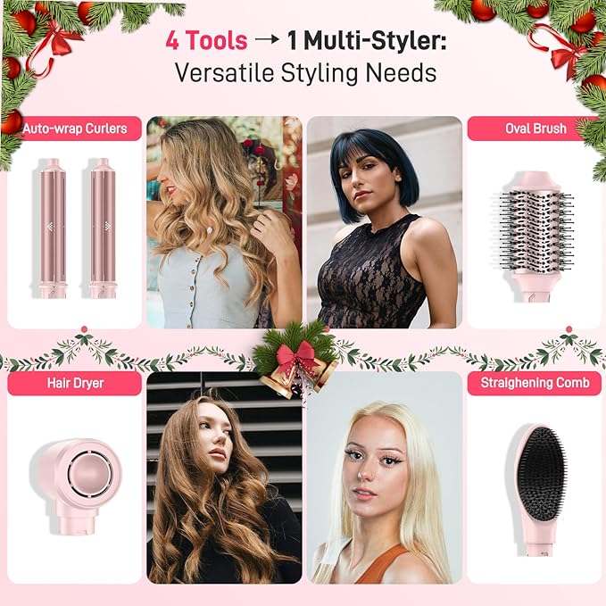 Dual Voltage Hot Air Styler Wrap - 5 in 1 Hair Dryer Brush with Fast Drying Blow Dryer, Styling, Straightening & Volumizing with Travel Bag (100V–240V) Gift for Women (Pink)
