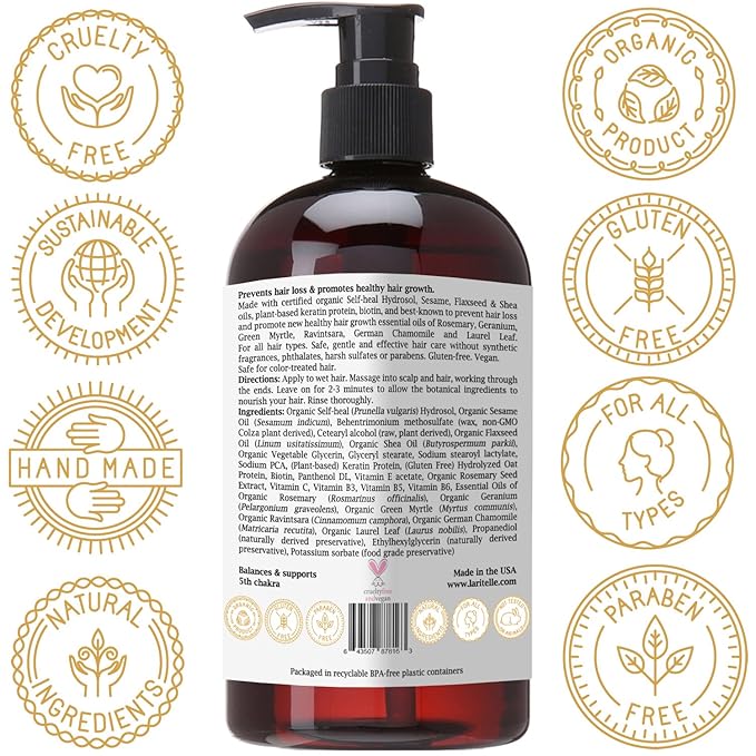 Laritelle Organic Conditioner 16 oz | Organic Prunella, Sesame, Flaxseed, Shea + Keratin + Biotin + Renewing Hair Growth Rosemary, Geranium, Myrtle, Ravintsara, Chamomile and Laurel Leaf | GF
