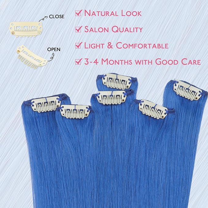 WENNALIFE Blue Clip in Hair Extensions Real Human Hair 35g 6pcs 14 Inch Colored Hair Extensions for Kids Women Colorful Hair Pieces Pop-up Style Straight Extensiones De Cabello Humano Con Clip