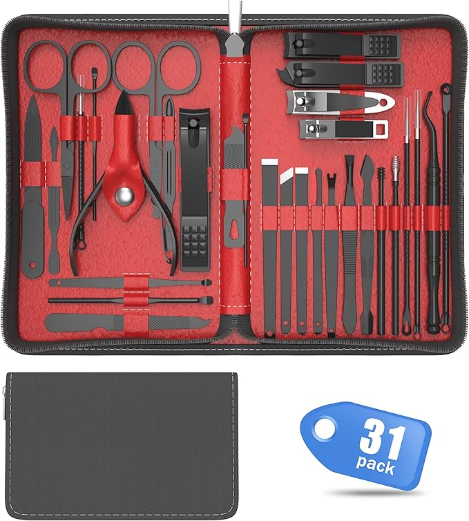 Professional Manicure Pedicure Set,Nail Clipper Kit, Nail Clippers Set, Nail Tools with Luxurious Travel Case,31PCS(RED)