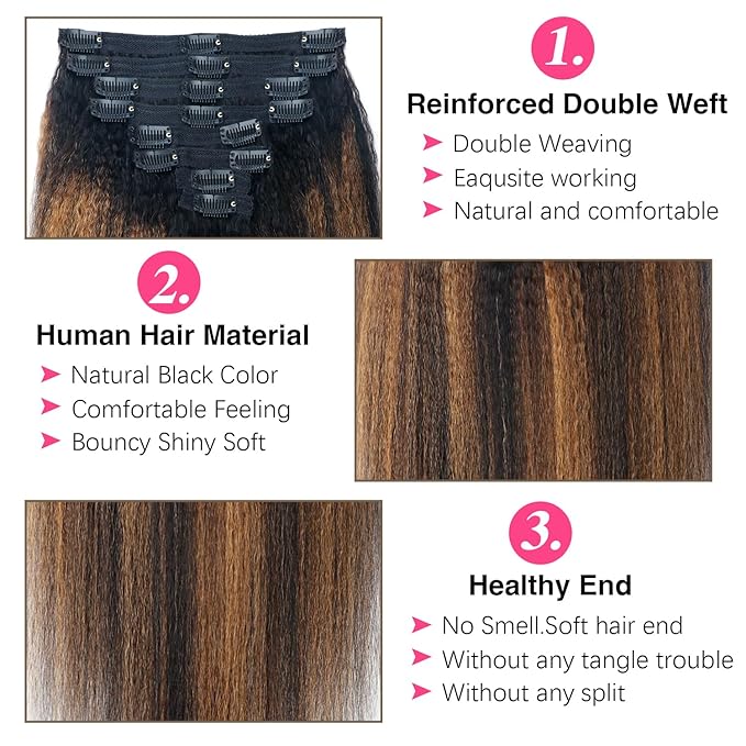 Kinky Straight Clip in Hair Extensions Real Human Hair For Women Highlight Hair Extensions Kinky Straight Clip ins (22inch,T1BP1B/30)