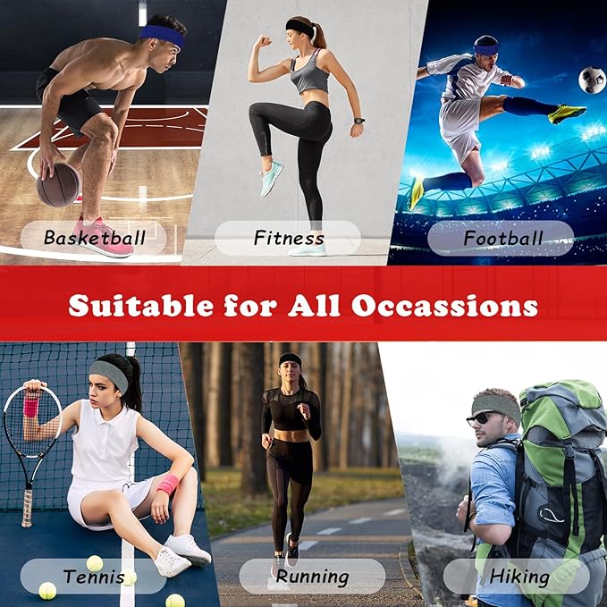 Sweatbands Sports Headbands for Men & Women - 3 Pack Moisture Wicking Cotton Headband for Tennis, Basketball, Running, Gym - Sweat Band