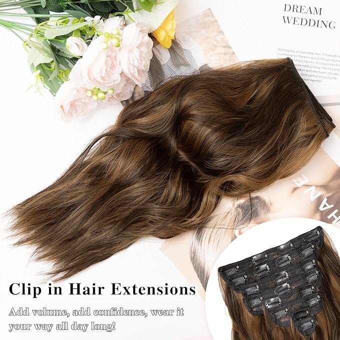 Clip in Hair Extensions for Women, 8PCS 16 Inch Wavy Dark Brown Mix Light Brown Curly Hair Extensions Clip Ins, Synthetic Airy and breathable Hairpieces for Women