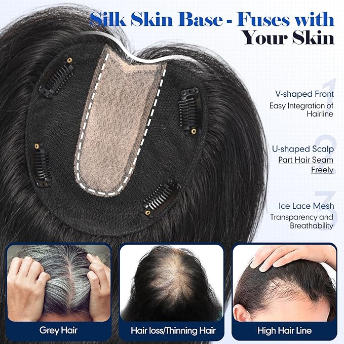 HAIRCUBE Hair Toppers For Women With Thinning 5"*5" Large Base Real Hair Toppers For Women, 14 Inch For Hand-Woven, 60g, Silk, Natural, Realistic, Use Daily, Hairloss, Natural Black, No bangs