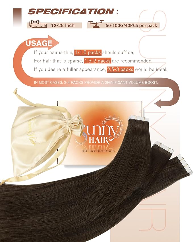 Sunny Hair Brown Tape in Hair Extensions Human Hair 18 inch Remy Hair Extensions Tape in Thick End Tape ins Human Hair Extensions 40Pcs 100g