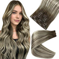 Full Shine Human Hair Clip in Extensions Balayage Human Clip in Hair Extensions Ash Brown Ombre Platinum Blonde Straight Clip ins Softness 14 Inch 8 PCS 120 G