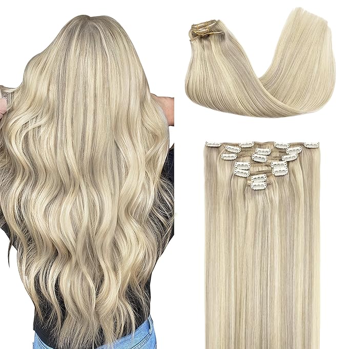 GOO GOO Clip in Hair Extensions Real Human Hair, Remy Human Hair Extensions Clip ins for Women, Natural Human Hair, 20inch 120g 7Pcs, 17A/60A Ash Blonde Highlighted Platinum Blonde