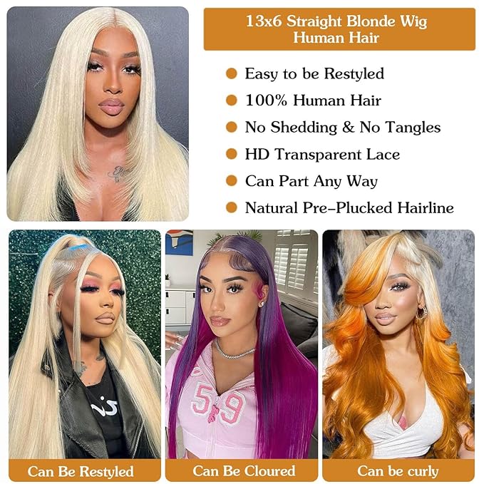 613 13x6 Lace Front Human Hair Wig - 24 Inch Straight, 200 Density, HD Transparent Lace, Blonde for Women